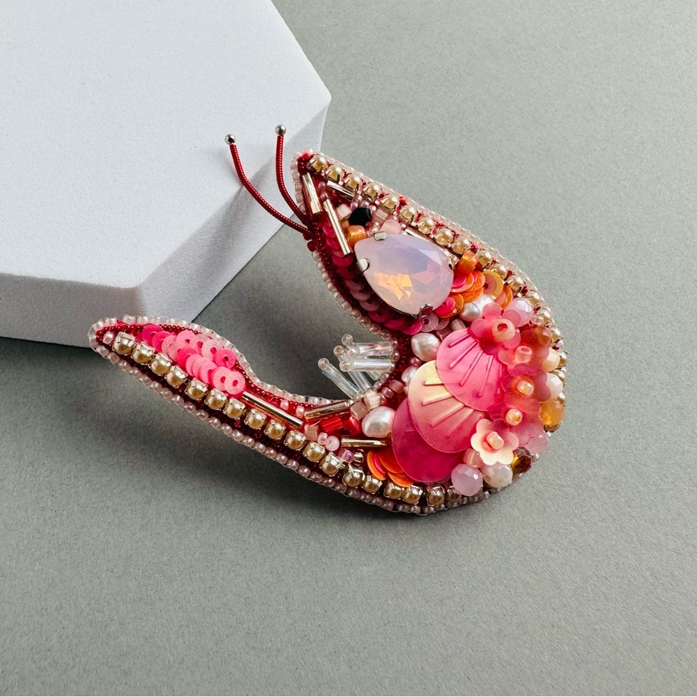 Shrimp Embroidered Beaded Brooch